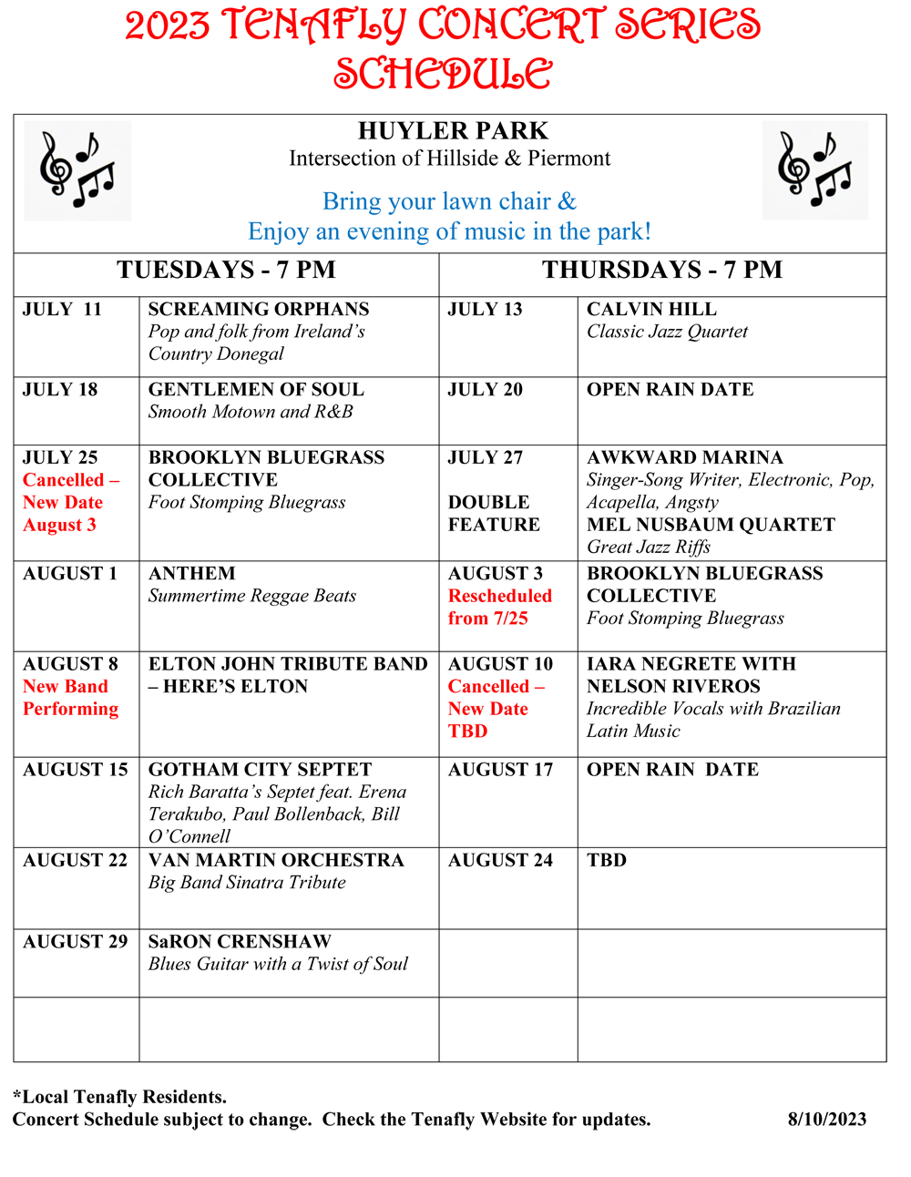 2023 Tenafly Summer Concert Series Schedule